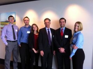 MSRE students Ben Lukes, Ryan Miller, Louisa Galassini, Andrew Hunt and Stephanie Anderson (L to R) with Scott Carter (center), president of CoreNet Washington State chapter